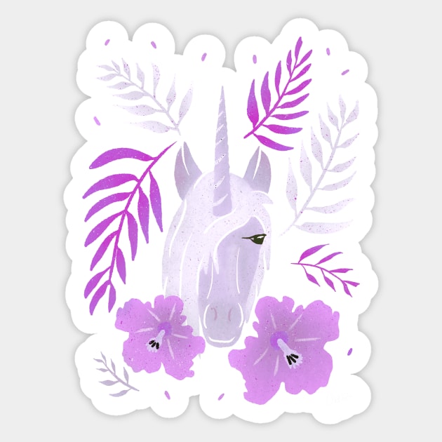 Unicorn and Hibiscus Pink Blue Floral Pattern Sticker by OneLook